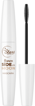 Biała maskara Stars Brown Side of the Moon z brązowym napisem, otwarta z czarną silikonową szczoteczką.