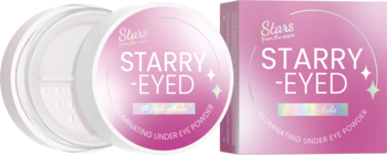 Różowy puder rozświetlający pod oczy Stars STARRY-EYED w okrągłej puderniczce i prostokątnym opakowaniu.