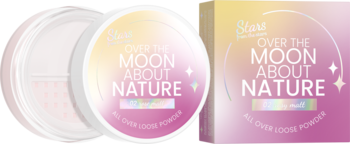 Sypki puder "Over The Moon About Nature" Sparkling Beige w białym opakowaniu i dopasowane pudełko, widok z przodu.