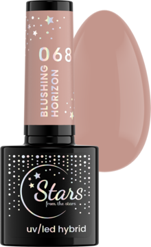 Lakier hybrydowy Stars 068 Blushing Horizon, nude butelka z czarną nakrętką i gwiazdkami, widok z przodu z próbnikiem koloru.