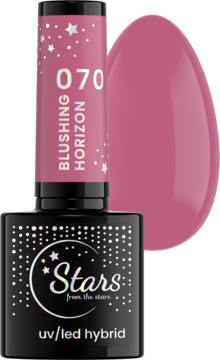 Lakier hybrydowy Stars 070 Blushing Horizon, butelka z czarną nakrętką i obok kremowa próbka różowego koloru.