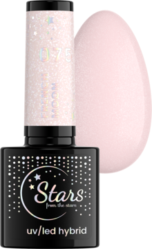 Lakier hybrydowy Stars UV/LED, French Moon 075, bladoróżowy z brokatem, obok swatch w kształcie jajka.