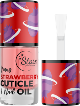 Oliwka Venus Strawberry Cuticle & Nail Oil w różowej butelce z czerwoną nakrętką w kosmiczny wzór, obok biały pędzelek.
