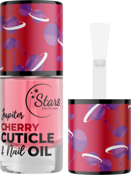 Jupiter Cherry Cuticle & Nail Oil, różowy płyn, w szklanej butelce, czerwona nakrętka z planetami, obok aplikator.