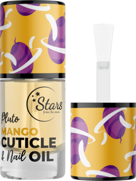Odkręcona butelka olejku do skórek Pluto Mango, z przezroczystego szkła. Obok widoczny pędzelek, złoty płyn.