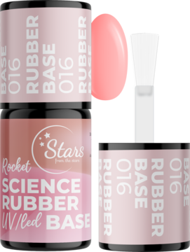 Zestaw Rocket Science Rubber Base 016: butelki bazy UV/LED i różowy aplikator, czarno-różowe opakowania.