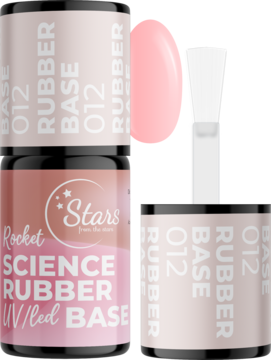 Dwie czarne butelki Rocket Science Rubber UV/LED Base 012, baza kauczukowa w pastelowym różu, z pędzelkiem.
