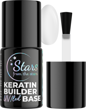 Czarna butelka Stars from the stars Keratin Builder UV/LED Base do hybryd, widok z przodu, z mniejszymi akcesoriami.