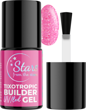 Żel budujący Stars Tixotropic Builder UV/Led Gel Statement Shimmer w czarno-różowej butelce, obok brokatowy wzornik.