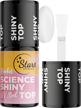 Błyszczący top Rocket Science UV/led w czarnej butelce z różową etykietą i osobnym pędzelkiem.