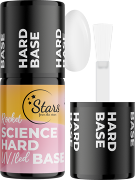Czarny flakon Rocket Science Hard UV/LED Base z różową etykietą i pędzelkiem, ekstremalnie utwardzająca baza hybrydowa.