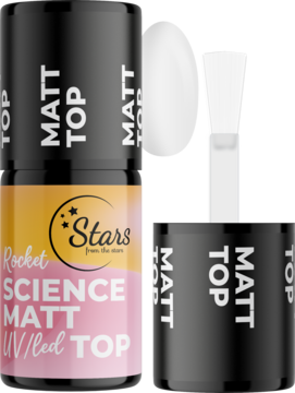 Czarne opakowanie topu hybrydowego Stars Rocket Science Matt UV/LED z otwartą nakrętką i pędzelkiem.