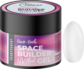 Transparentny żel UV/LED Stars SPACE BUILDER GEL 3w1, czarny słoiczek, obok przezroczysty tips.