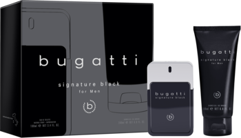 Bugatti Signature Black zestaw męski: ciemne pudełko, flakon wody toaletowej i tuba żelu pod prysznic.