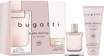 Bugatti Bella Donna zestaw EDP 60ml i żel pod prysznic 100ml. Różowe opakowania, widoczne produkty i pudełko.
