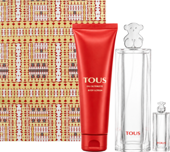 Zestaw Tous: woda toaletowa 90ml i 4,5ml z niedźwiadkiem, balsam 150ml w czerwonej tubie, na tle pudełka.