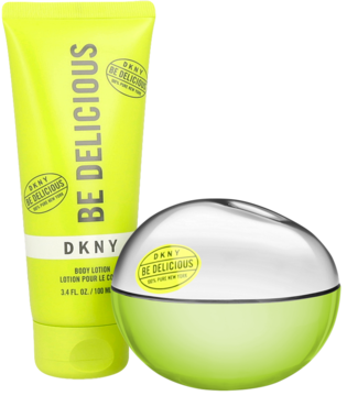 Zestaw DKNY Be Delicious: lime zielona tubka balsamu i perfumy w sferycznym flakonie ze srebrną nakrętką, przód.