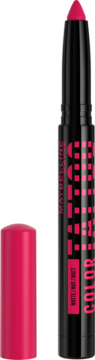 Maybelline Color Tattoo Eye Stix, matowa kredka do powiek w kolorze fuksji, czarne opakowanie, zdjęta skuwka.