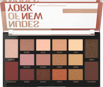Paleta cieni do powiek Nudes of New York, 16 neutralnych cieni matowych i połyskujących, widok frontalny.