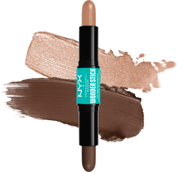 NYX Wonderstick Dual, dwustronny sztyft do konturowania i rozświetlania, z brązowo-beżowymi swatchami.