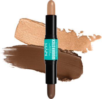 NYX Wonderstick Dual, dwustronny sztyft do konturowania i rozświetlania, beżowo-brązowy, ze swatchami.