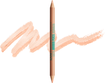 Beżowy NYX Wonder Pencil, wielofunkcyjny ołówek z mikrorozświetlaczem do makijażu, obok kremowe smugi.
