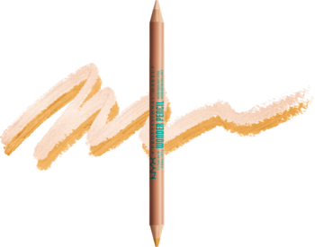 Dwustronny ołówek Wonder Pencil w odcieniach beżu, pionowo ze swatchami na jasnym tle, do rozświetlania i korekcji.