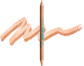Beżowy ołówek NYX Wonder Pencil, stojący pionowo, z dwoma rozświetlającymi pociągnięciami na jasnym tle.