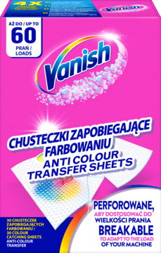 Różowe pudełko Vanish Anti Colour Transfer Sheets, widok z przodu, z chusteczkami absorbującymi kolory.