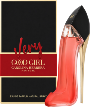 Damska woda perfumowana Carolina Herrera Very Good Girl. Czerwony flakon w kształcie szpilki i czarne pudełko z napisem.