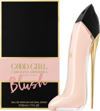 Carolina Herrera Good Girl Blush EDP 50ml, różowy flakon szpilka i czarno-różowe pudełko, widok z przodu.
