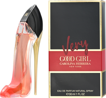 Damska woda perfumowana Carolina Herrera Very Good Girl, flakon szpilka obok czarnego pudełka z napisem Very Good Girl.