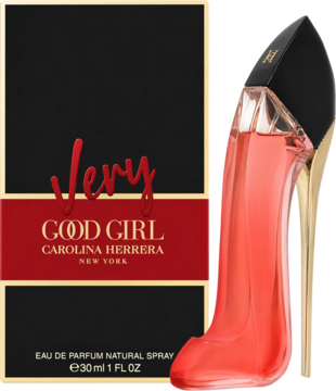 Czerwona butelka perfum Very Good Girl w kształcie szpilki i czarne pudełko Carolina Herrera na ciemnym tle.
