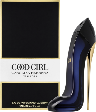 Carolina Herrera Good Girl woda perfumowana. Flakon w kształcie czarnej szpilki ze złotym obcasem obok czarnego pudełka.
