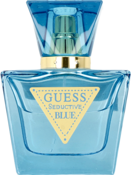 Guess Seductive Blue damska woda toaletowa, błękitna butelka ze złotym detalem i trójkątną etykietą, widok z przodu.