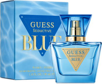 Guess Seductive Blue damska woda toaletowa 30ml, błękitna butelka ze złotym logo, obok pudełko z falami wody.