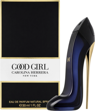 Good Girl Carolina Herrera EDP 30ml: granatowa butelka-szpilka ze złotym obcasem i czarno-białe pudełko.