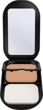 Otwarty czarny kompakt podkładu Max Factor Facefinity z beżowym wkładem, lusterkiem i białą gąbeczką.