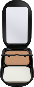 Otwarty czarny kompakt Max Factor Facefinity z beżowym podkładem, lusterkiem i białą gąbką.