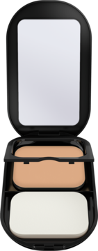 Max Factor Facefinity Compact, otwarty beżowy matujący podkład w czarnym opakowaniu z lustrem i gąbką.