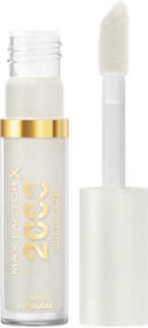 Max Factor 2000 Calorie Lip Glaze, przezroczysty błyszczyk plumping z złotym paskiem, aplikator obok.