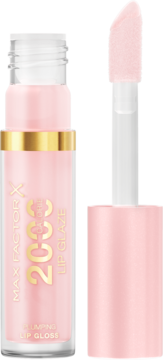 Max Factor 2000 Calorie Lip Glaze, jasnoróżowy błyszczyk powiększający, otwarty, z aplikatorem obok butelki.