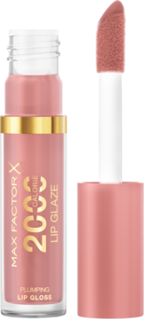 Max Factor 2000 Calorie Lip Glaze w odcieniu Floral Cream, otwarty, różowy błyszczyk z aplikatorem obok butelki ze złotym paskiem.