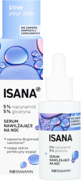 Isana serum nawilżające na noc z niacynamidem i gliceryną, w białej butelce z pipetą, widok pod kątem.