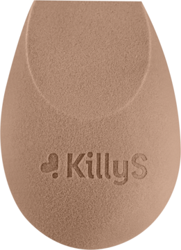 Zbliżenie beżowej gąbeczki KillyS z matcha, miękka, w kształcie kropli, z widocznym logo.