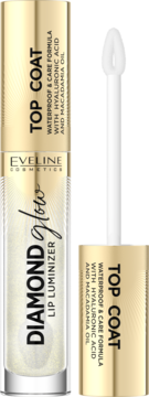 Eveline Diamond Glow Lip Luminizer Top Coat, brokatowy błyszczyk z kwasem hialuronowym, obok widoczny aplikator.