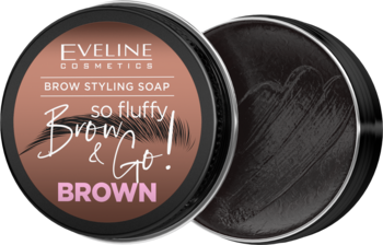 Eveline Brow&Go Brow Styling Soap BROWN, okrągłe czarne opakowanie, otwarte, z widocznym brązowym żelem.
