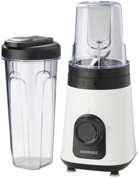 Biały blender kielichowy Ideenwelt z czarnymi detalami i dwoma bidonami do smoothie, widok z przodu.