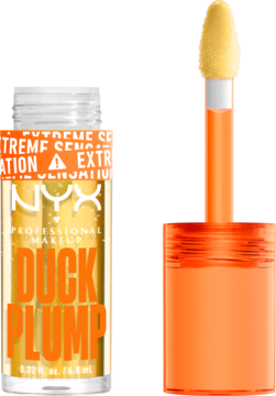 NYX Duck Plump błyszczyk, złoty odcień Clearly Spicy w przezroczystej tubce z pomarańczową etykietą, widok z przodu z aplikatorem.