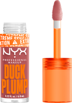 Otwarty błyszczyk powiększający NYX Duck Plump Nude Swings, tubka nude z wyciągniętym aplikatorem.